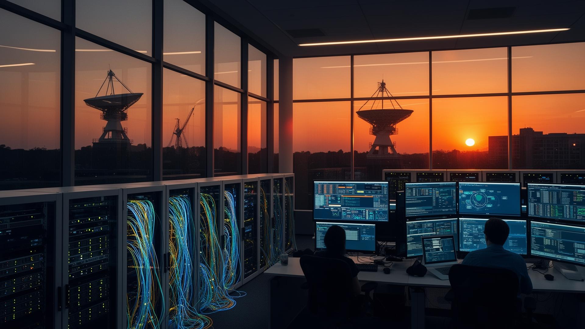 Telecom operations center at sunrise with satellite dishes and server racks